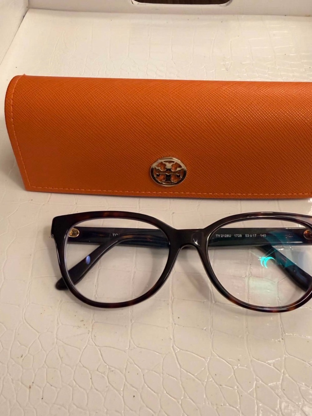 Tory Burch Orange Logo Eyeglass Case with Brown Tortoiseshell Glasses